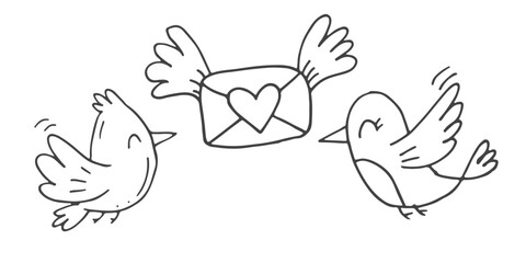 Set of cute hand-drawn doodle elements about love. Message stickers for apps. Icons for Valentines Day, romantic events and wedding. Lovebirds with an envelope with hearts and a love letter.