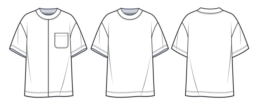 Overfit Tee Shirt Technical Fashion Illustration. T-Shirt  Fashion Flat Tehnical Drawing Template, Pocket, Front And Back View, White Color, Women, Men, Unisex CAD Mockup Set.