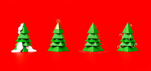 Christmas and New Year background. Xmas pine tree. Festive Christmas object. Holiday poster, header for website, greeting card, flyer, gift, Cartoon, 3d rendering.