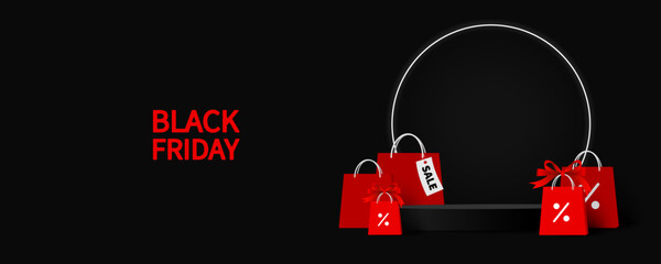 Black Friday sale background with red shopping bag and podium on a black background. EPS 10.