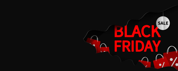 Black Friday sale background with red shopping bag on a black background. EPS 10.
