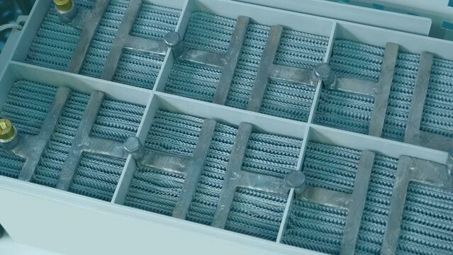 The structure of a new modern technological battery inside. Shot in motion. Closeup