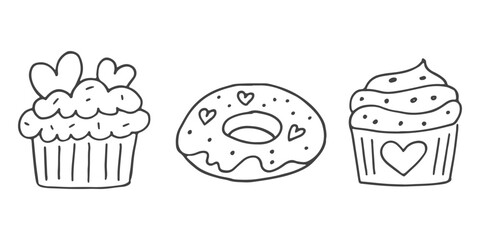 Set of cute hand-drawn doodle elements about love. Message stickers for apps. Icons for Valentines Day, romantic events and wedding. Cupcakes and donuts with hearts.