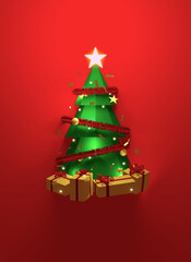 Christmas and New Year background. Xmas pine tree. Festive Christmas object. Holiday poster, header for website, greeting card, flyer, gift, Cartoon, 3d rendering.
