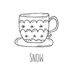 Cup of tea or coffee on a white background. Vector illustration in doodle style. Winter mood. Hello 2023. Merry Christmas and Happy New Year.