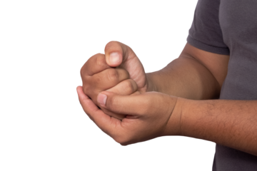 asian man's hand is clenching and opening, angry, grudge or achieving goal isolated on white background