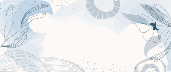 Abstract art background with plant elements. Botanical line art with flowers, branches and leaves in cool gray-blue tones. Creative frame with a place for text for banners, web, social networks.