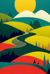 Fototapeta na wymiar Bright illustration in a abstract style of a road rising up through rolling hills with a large symbolic sun above. Background / Wallpaper