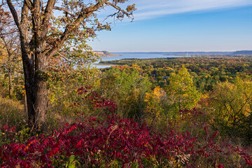 overlooking mississippi river valley from atop bluff in frontenac state park minnesota during autumn
