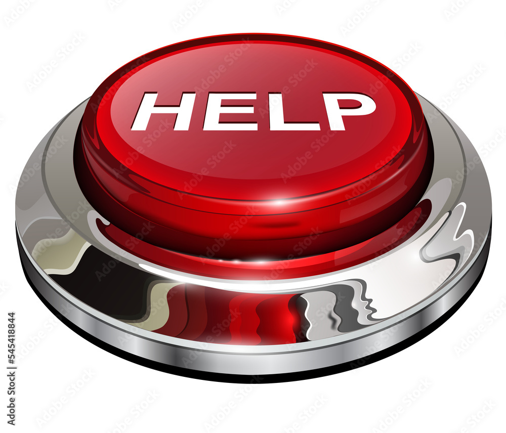 Poster Help button, 3d red glossy metallic icon isolated.