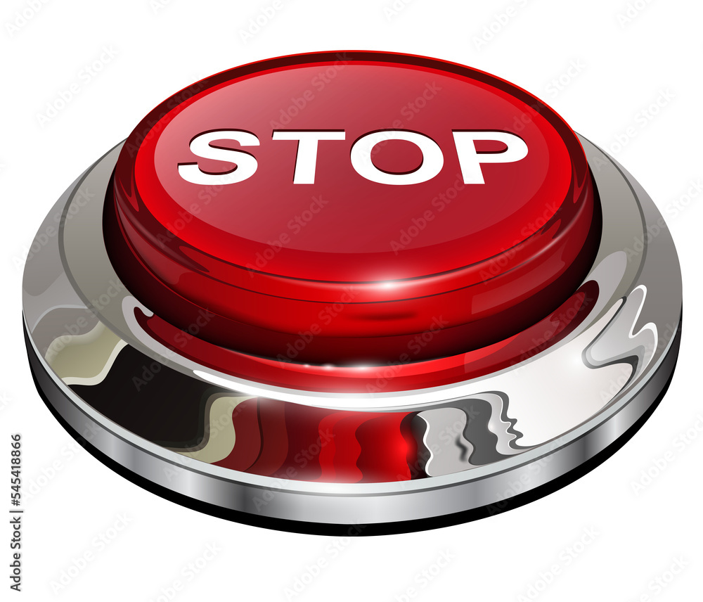 Poster Stop button, 3d red glossy metallic icon isolated.