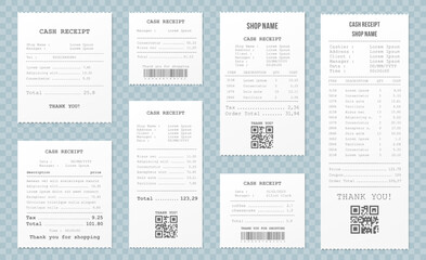 Realistic receipt. Restaurant bill, shop and supermarket paper receipts, purchase invoice