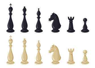 Chess piece logo. King and queen figures. Black or white knight. Horse, pawn and rook on game board. Bishop silhouette. Strategy gaming. Chessboard elements set. Vector tidy illustration