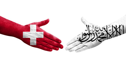 Handshake between Switzerland and Afghanistan flags painted on hands, isolated transparent image.