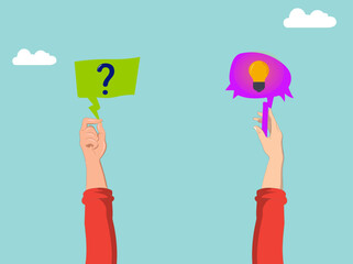 Question and answer, businessman hand holding question mark with other reply with lightbulb. solving problem or business solution.