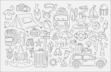 Summer line icons. Beach vacation. Hand drawn sea rest. Travel party. Tropical sun or water. Camping tent. Hiking tourism. Tourists trailer with baggage. Vector doodle recent objects set