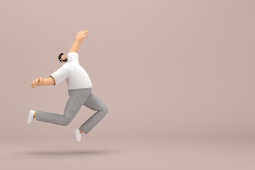 Fototapeta na wymiar The man with beard wearinggray corduroy pants and white collar t-shirt. He is jumping. 3d rendering of cartoon character in acting.