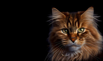 Adorable norwegian forest cat on dark background, space for text. Portrait of a norwegian forest cat. Cute cat. Digital art