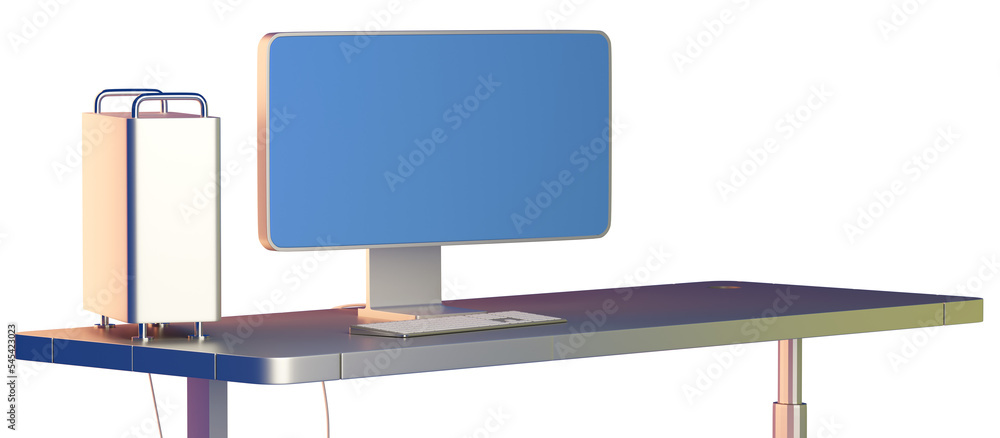 Poster monitor and system unit on table. minimalistic office desk. workplace with computer. desk for office