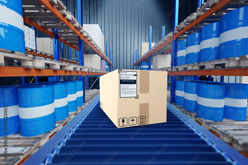Poster box moves along conveyor. automation sorting in warehouse. conveyor in middle of racks with barrels.