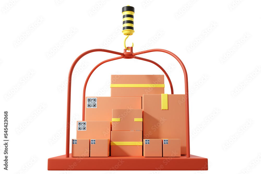 Poster platform with boxes. cardboard parcels of different sizes. platform with boxes hangs on hook. severa