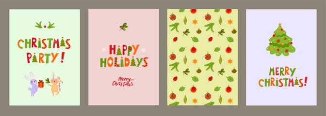 Set of Christmas cards with cute bunnies and Christmas tree. Happy holidays, merry christmas and happy new year. Vector illustration in cartoon style. Vintage postcard on a black background.