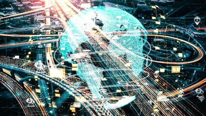 Smart transportation in tacit futuristic city with online traffic control system . Concept of smart digital transformation and technology disruption that changes global trends in new information era .