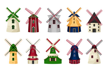 Old holland, dutch windmill set. Fan flour and grain netherlands wind mill village collection, nature water house, countryside building. Vector cartoon garish isolated illustration © Natalia