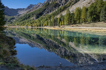 View of Lac de I'Orceyrette, Bois des Ayes Biological Nature Reserve, Briancon, France