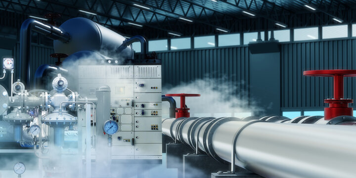 Industrial heating equipment. Steam over pipes inside building. Pipeline and heating system control unit. Factory building with control unit. Heating technologies for industrial hangars. 3d image.