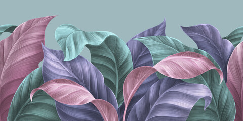 Exotic seamless border, pattern background, texture. Pastel tropical leaves in pink, blue, mint, turquoise, purple delicate color palette. Watercolor 3d illustration, trendy art design. Luxury mural - 545423265