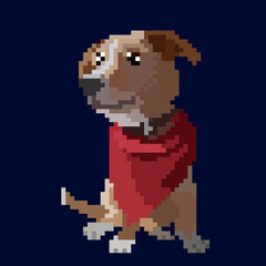 red-haired purebred mascot dog in a red bandana sits in a sprawl, bright beautiful eyes and a big nose. cute puppy. Lowered ears. Concept art of a character for a retro-style video game. Sprite.