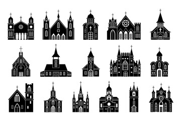 Church icons, chapel buildings silhouettes. Simple city exteriors, sanctuary basilica signs, garish religion. Temple facade. Catholic tower with bells. Vector graphic design illustration - obrazy, fototapety, plakaty