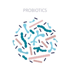 Probiotics, bacteria logo, bifidobacteria. Live microorganisms that help normalize functioning of intestines and liver. Probiotics have positive effect on immune system.