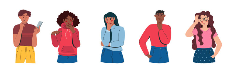 Men and women in doubt and thoughts. Confused thoughtful people worry with a serious expression on their face. Indeterminate characters. Vector illustration flat isolated white background