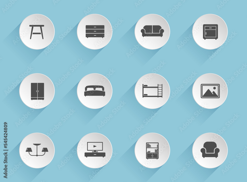 Poster furniture vector icons on round puffy paper circles with transparent shadows on blue background. fur