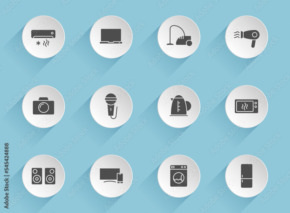 Poster household vector icons on round puffy paper circles with transparent shadows on blue background. hou