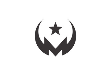 black and white moon and star with letter M logo