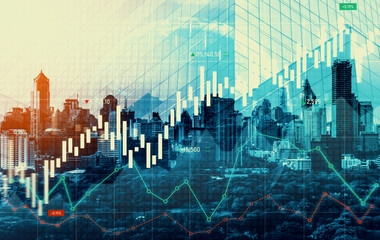 Financial graphs and digital indicators overlap with modernistic urban area, skyscrabber for stock market business concept. Double exposure.