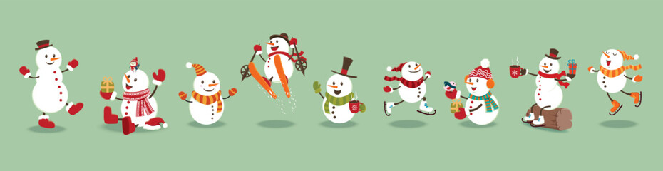 Vintage Christmas poster design with vector Santa Claus, deer, fox, snowman.