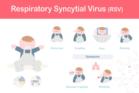 Infographic of symptoms of respiratory syncytial virus (RSV) in children, runny nose, sneezing, wheezing, cough and fever with protection RSV.flat style.vector illustration.
