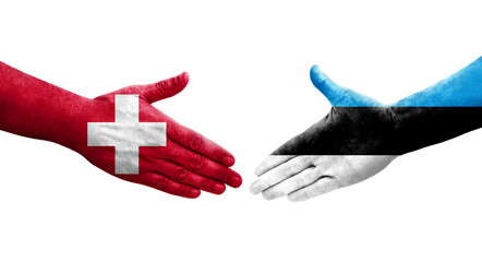 Handshake between Switzerland and Estonia flags painted on hands, isolated transparent image.
