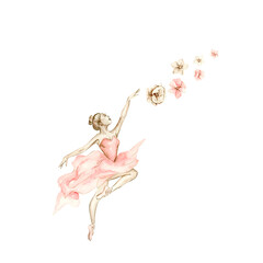 Watercolor dancing ballerina composition with flowers.Pink pretty ballerina. Watercolor hand draw illustration. Can be used for cards or posters. With white isolated background. Illustartion © Leila