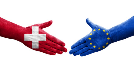 Handshake between Switzerland and European Union flags painted on hands, isolated transparent image.