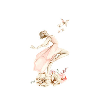 Watercolor dancing ballerina composition with flowers.Pink pretty ballerina. Watercolor hand draw illustration. Can be used for cards or posters. With white isolated background. Illustartion