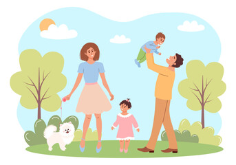 Happy family walking in the park. Mother, father, daughter, son and a dog spend time together. Family day, active weekend, healthy lifestyle, parenting, outdoor recreation, large family concept