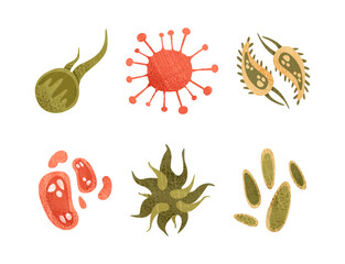 Bacteria and Germs Colorful Micro-organisms and Disease-causing Objects Vector Set