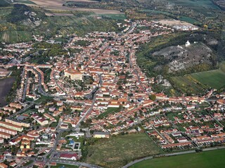 Mikulov. Aerial View of Old Town Castle and Powder Tower in Mikulov, Czech Republic, Europe.