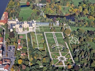 Aerial view of Lednice Valtice Area with castle and a park in South Moravia, Czech Republic.