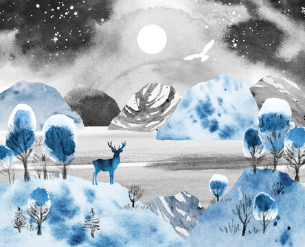 Watercolor winter magic vector landscape in blue, black and white colors. Forest, lake, mountains, reindeer  and owl under night sky. Hand drawn illustration with animals